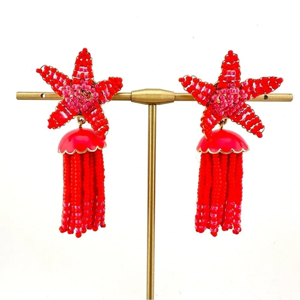 J Crew Earrings in Coral Red and Pink, Beaded Starfish Tassels